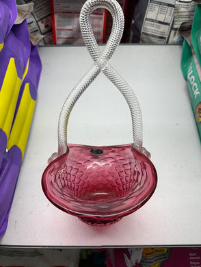 Vintage Crystal Riekes Wedding Glass Cranberry Hand Twist Handle Basket