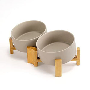 Spunkyjunk Slanted Ceramic Dog & Cat Bowl w/ Wooden Stand (White Cups)